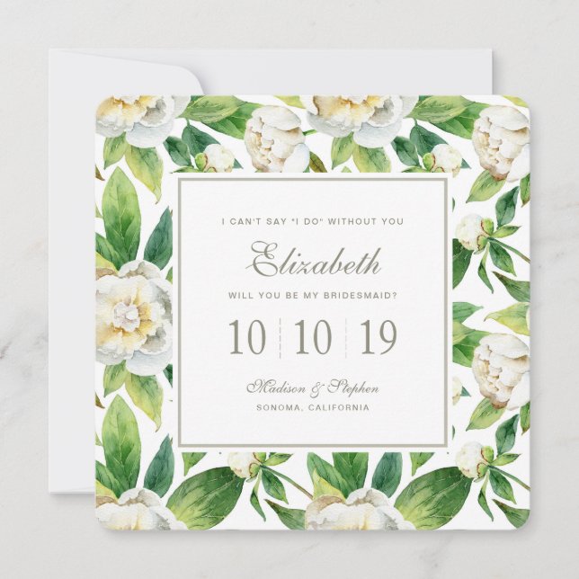 White Peonys & Leaf Watercolor - Bridesmaid Einladung (Vorderseite)