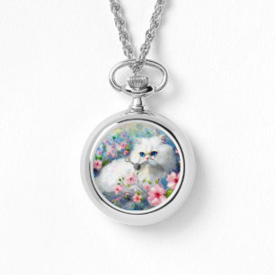 White Persian Kitty Cat Blue Eyes in Pink Blume Armbanduhr