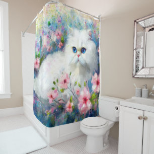 White Persian Kitty Cat Blue Eyes in Pink Blume Duschvorhang