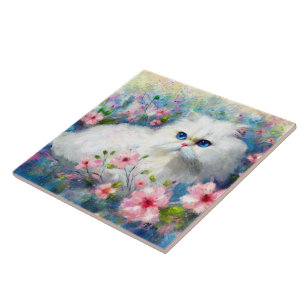 White Persian Kitty Cat Blue Eyes in Pink Blume Fliese