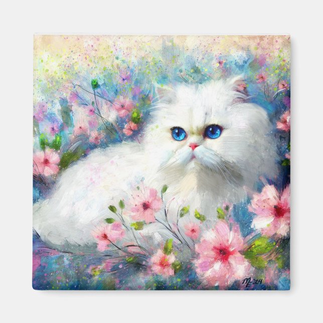 White Persian Kitty Cat Blue Eyes in Pink Blume Magnet (Vorne)