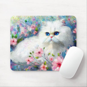 White Persian Kitty Cat Blue Eyes in Pink Blume Mousepad