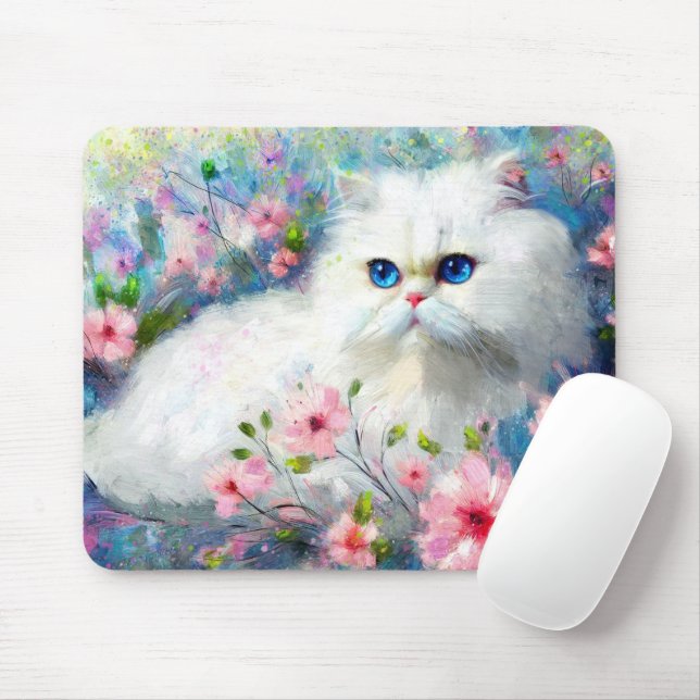 White Persian Kitty Cat Blue Eyes in Pink Blume Mousepad (Mit Mouse)
