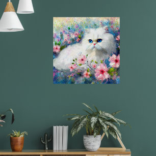 White Persian Kitty Cat Blue Eyes in Pink Blume Poster