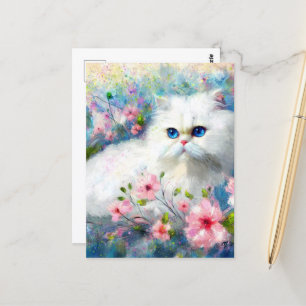 White Persian Kitty Cat Blue Eyes in Pink Blume Postkarte