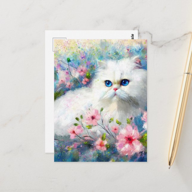 White Persian Kitty Cat Blue Eyes in Pink Blume Postkarte (Vorderseite/Rückseite Beispiel)