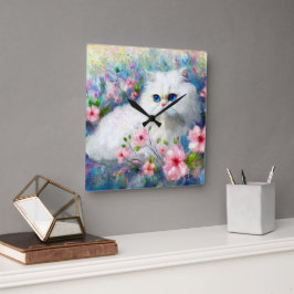 White Persian Kitty Cat Blue Eyes in Pink Blume Quadratische Wanduhr
