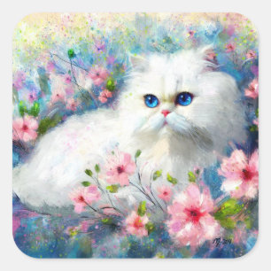 White Persian Kitty Cat Blue Eyes in Pink Blume Quadratischer Aufkleber
