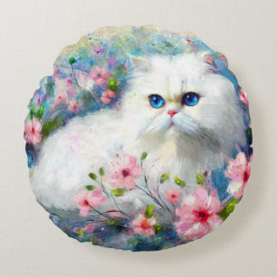 White Persian Kitty Cat Blue Eyes in Pink Blume Rundes Kissen