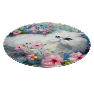 White Persian Kitty Cat Blue Eyes in Pink Blume Schneidebrett