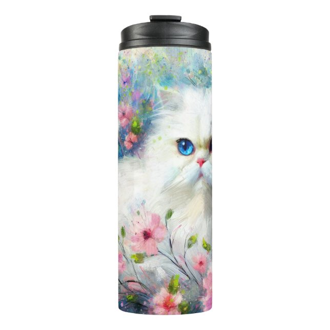 White Persian Kitty Cat Blue Eyes in Pink Blume Thermosbecher (Vorderseite)