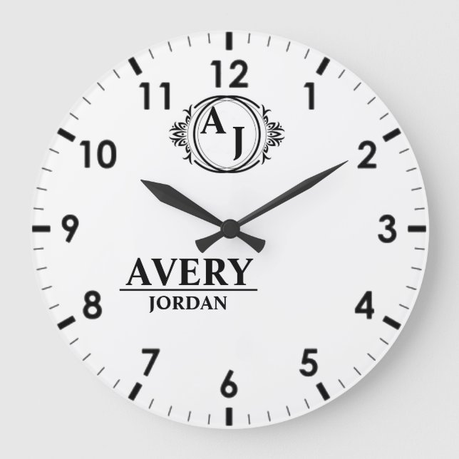 White Personalized Monogram Custom Elegant  Große Wanduhr (Vorderseite)