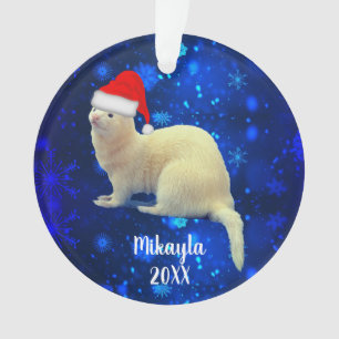 White Pet Ferret in Weihnachtsmannmütze Ornament