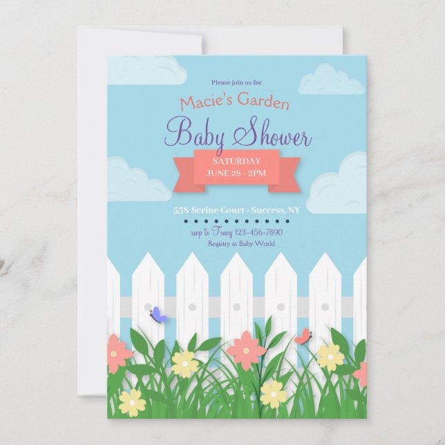 White Picket Fence Garden Baby Dusche Einladung (Vorderseite)