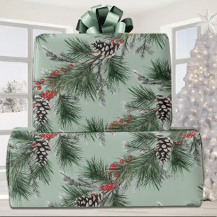 White Pine Cones Spruce Red Berries Garland Seite Geschenkpapier