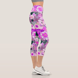 WHITE PINK BLUME Peak Rose Japanisches Blumenkohl Capri Leggings