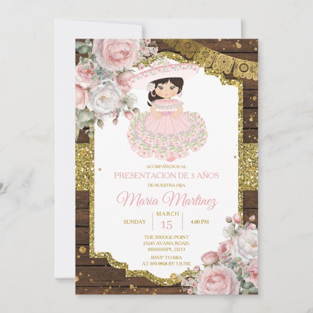 White & Pink Charro Presentación De Tres Años Niña Einladung (Vorderseite)
