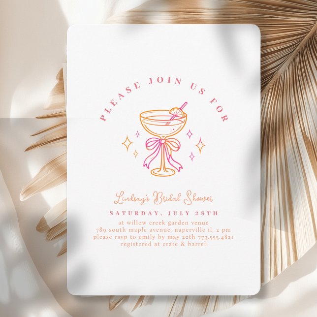 White Pink Cocktail Bridal Shower Bow Einladung (White Pink Cocktail Bridal Shower Bow Invitation)