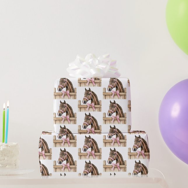 White Pink Cowgirl Horses Fence Birthday Geschenkpapier (Partygeschenke)