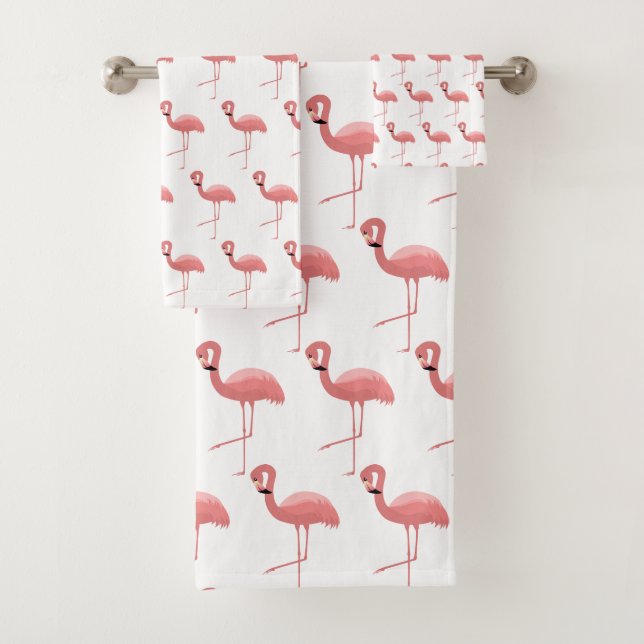 WHITE PINK FLAMINGO PATTERN BADEZIMMER TOWEL SET (Insitu)