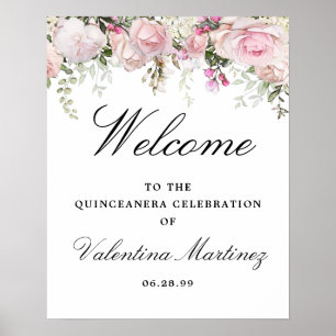 White Pink Floral Quinceanera Begrüßungszeichen Poster
