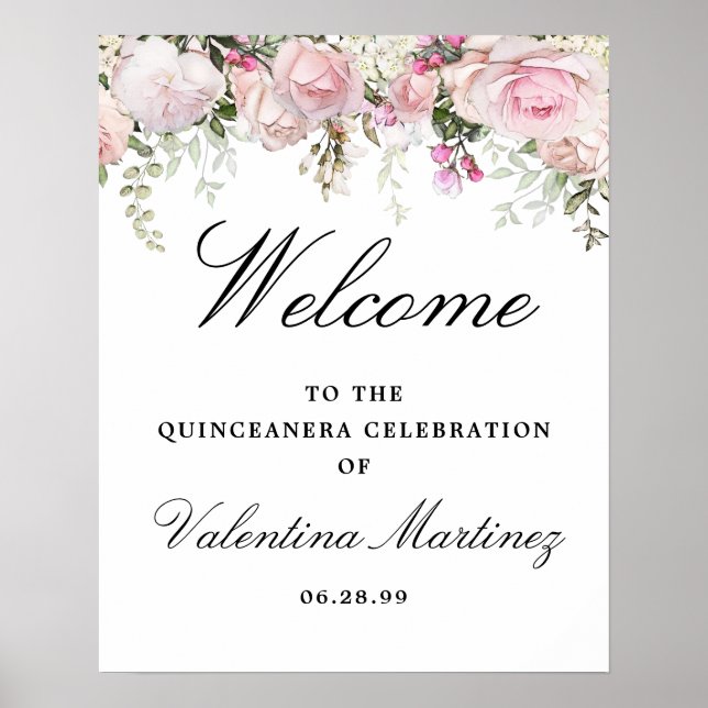 White Pink Floral Quinceanera Begrüßungszeichen Poster (Vorne)