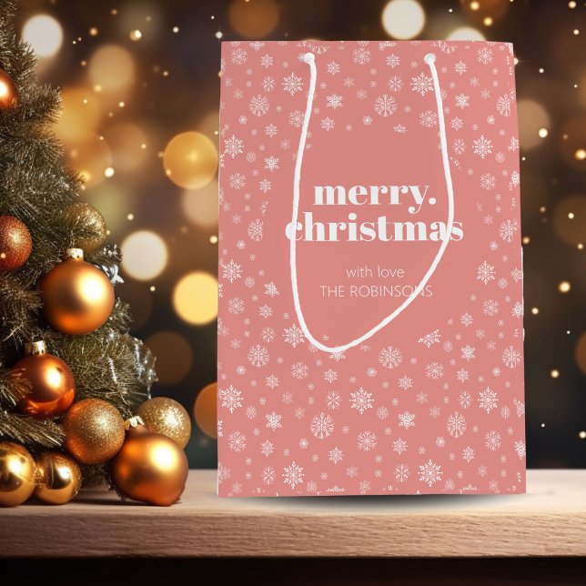 White Pink Frohe Weihnachten Snowflake Muster Mittlere Geschenktüte (Christmas holiday snowflake pattern gift bag)