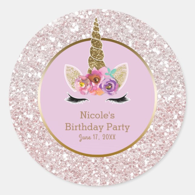 White Pink Gold Glitter Glam Einhorn Party Gefalle Runder Aufkleber (Vorderseite)
