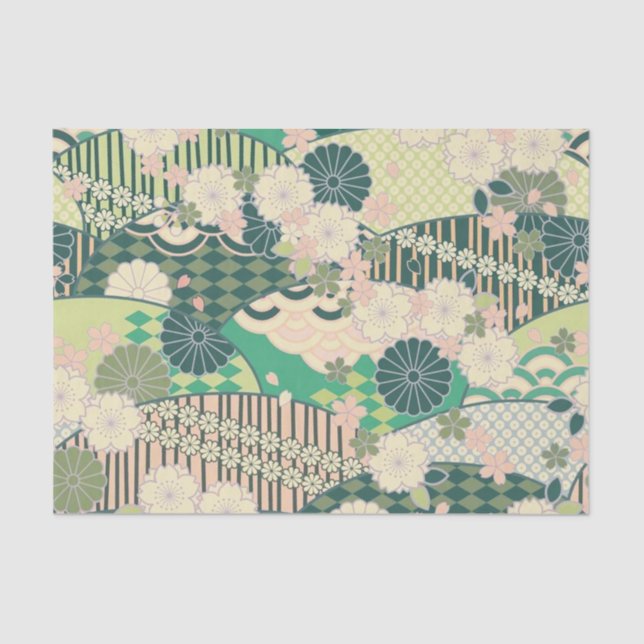 White Pink Green Kimono Blumendekoupage Seidenpapier (Vorderseite)