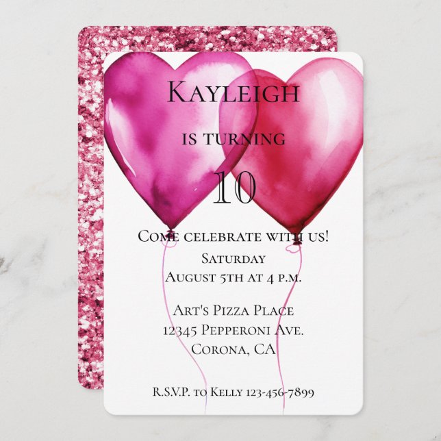 White Pink Hearts Balloons Geburtstag Einladung (Vorne/Hinten)