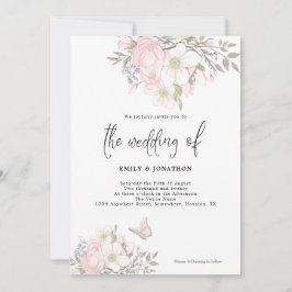 White Pink Magnolia Butterfly Script Hochzeit Einladung