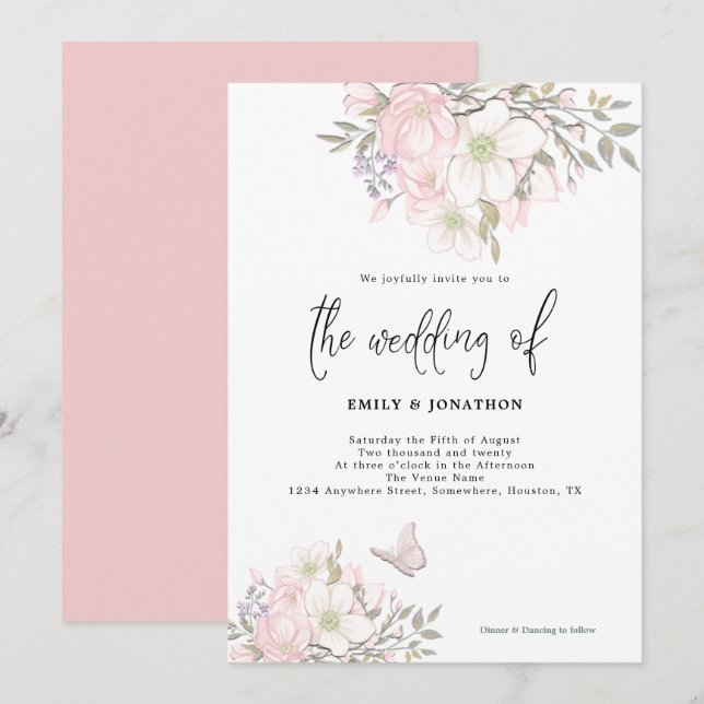 White Pink Magnolia Butterfly Script Hochzeit Einladung (Vorne/Hinten)