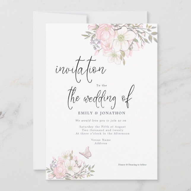 White Pink Magnolias Butterfly Script Hochzeit Einladung (Vorderseite)