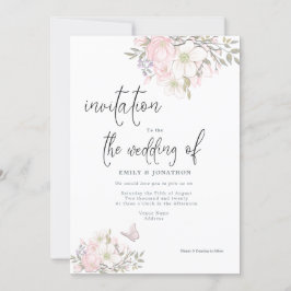 White Pink Magnolias Butterfly Script Hochzeit Einladung