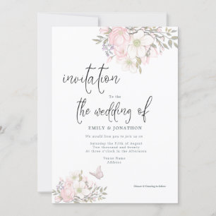 White Pink Magnolias Butterfly Script Hochzeit Einladung