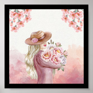 white, pink watercolor Vintage Lady Floral beauty Poster