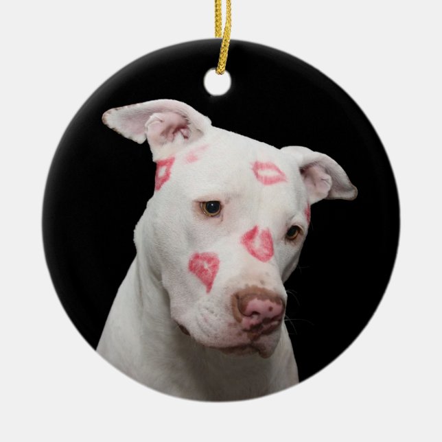 White Pit Bull mit Kisses Keramik Ornament (Vorne)