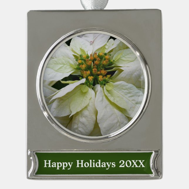 White Poinsettia Elegante Weihnachtsfeiertage Banner-Ornament Silber (Vorderseite)