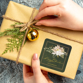 White Poinsettia & Frohe Weihnachtskalligraphie Quadratischer Aufkleber