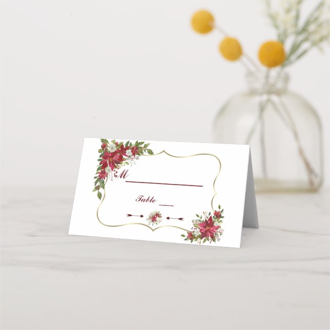White Poinsettia Gold Tischnummer Platzkarte (Rückseite)