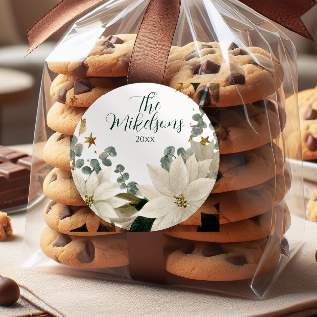 White Poinsettia Holiday Party Runder Aufkleber (Von Creator hochgeladen)