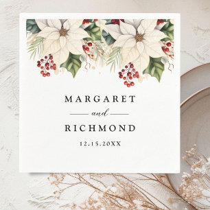 White Poinsettia Red Berries Winter Wedding Paper Serviette