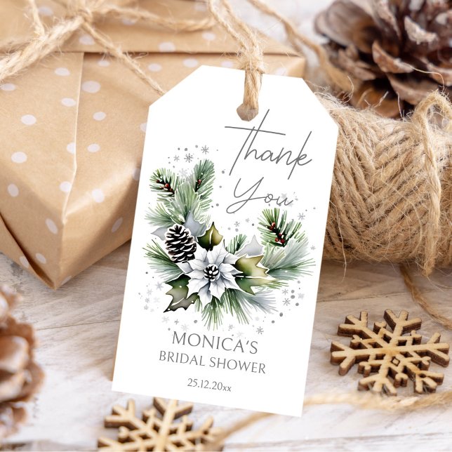 White poinsettia Winter Brautparty vielen Dank Geschenkanhänger (White poinsettia winter bridal shower thank you gift tags elegant watercolor pines poinsettia favor )