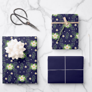 White Poinsettias auf dem blauem Navy-Hintergrund Geschenkpapier Set