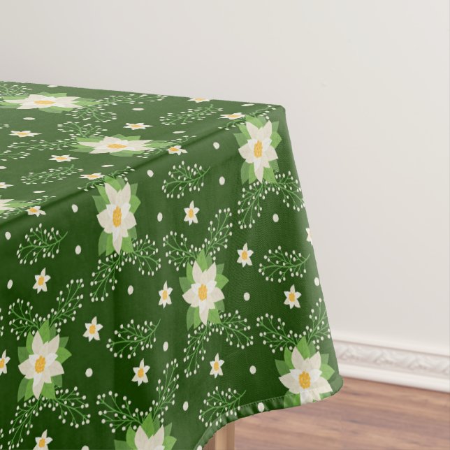 White Poinsettias Green Blätter Weihnachten auf Gr Tischdecke (Beispiel)