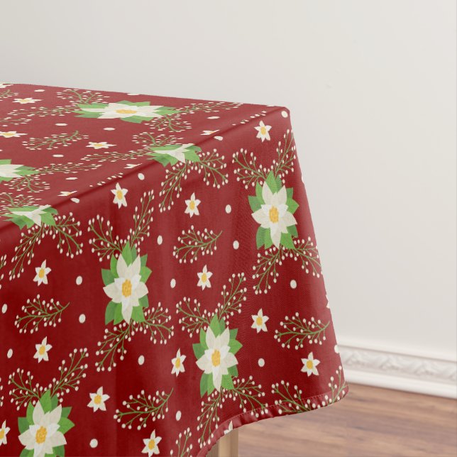 White Poinsettias Green Blätter Weihnachten auf Ro Tischdecke (Beispiel)