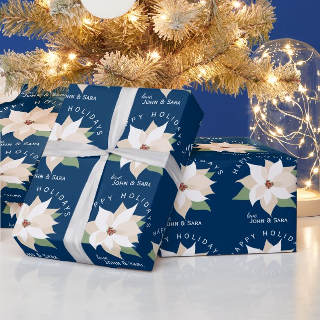 White Poinsettias Happy Holidays Blue Christmas Geschenkpapier (Feiertage)