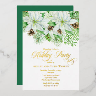 White Poinsettias   Pinecones Pine Holiday Party Folieneinladung