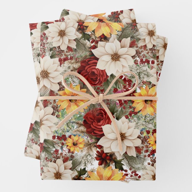 White Poinsettias & Sonnenblumen Weihnachten Geschenkpapier Set (Beispiel)