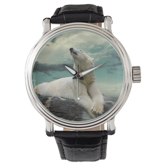 White Polar Bear Hunter auf Felsen Armbanduhr (Vorderseite)